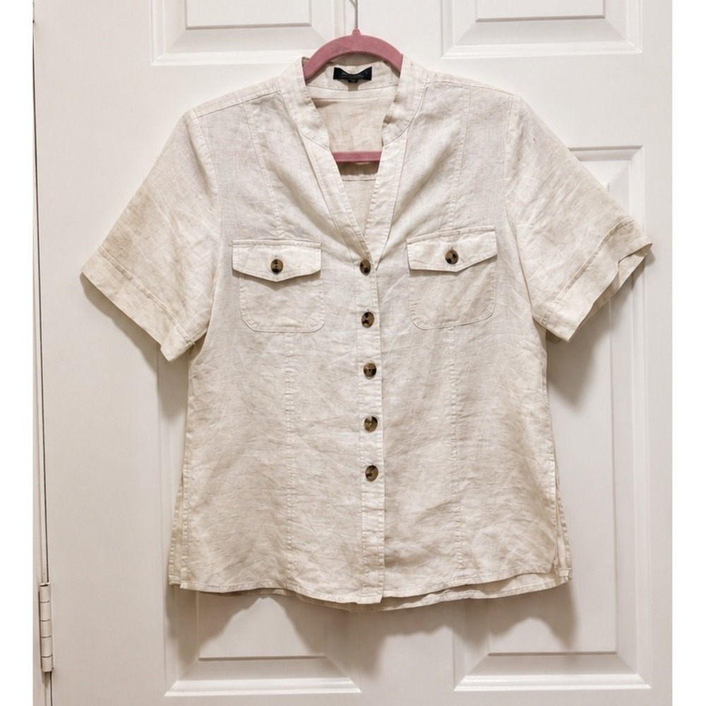 ANTEA 100% Linen Button Front Shirt Beige Short Sleeve Medium Large